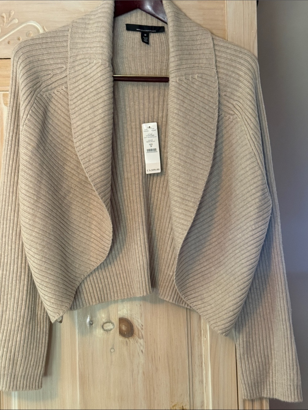 WHBM creamy tan Ribbed Shawl-Collar Open Cardigan